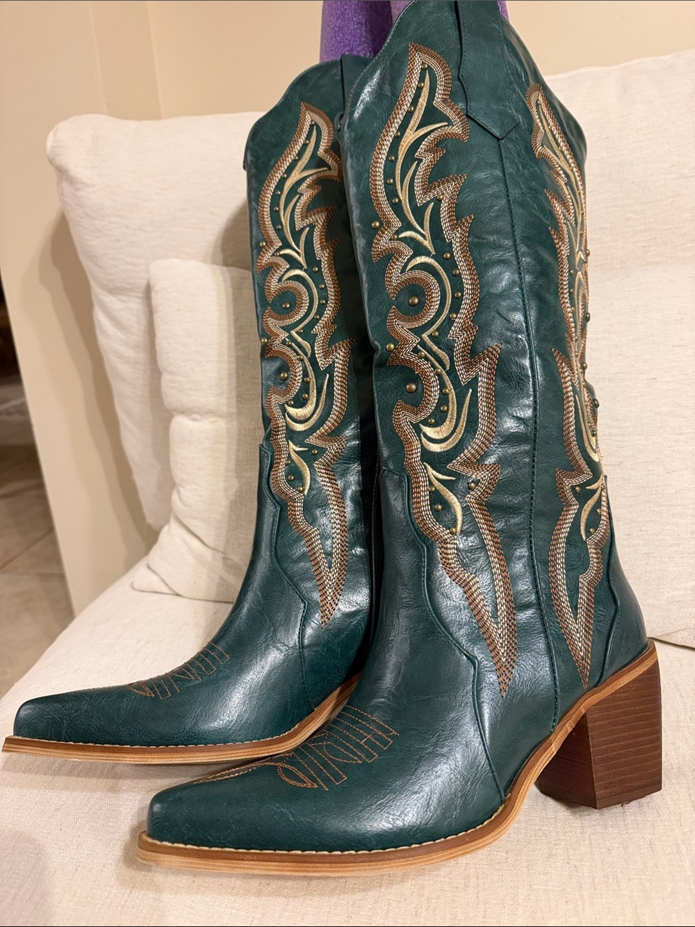 WETKISS Teal Green Embroidered Western Knee-High Boots